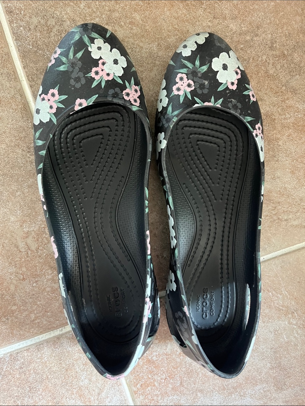 CROCS Black Floral Slip-On Ballet Flats with Pink & White Flowers